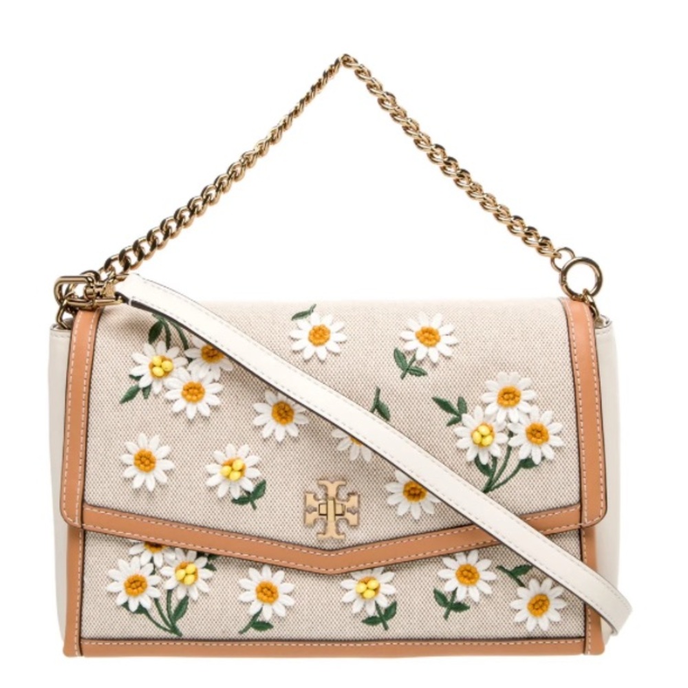 Tory Burch Kira Daisy Embroidered Tan and White Crossbody Shoulder Bag NWOT